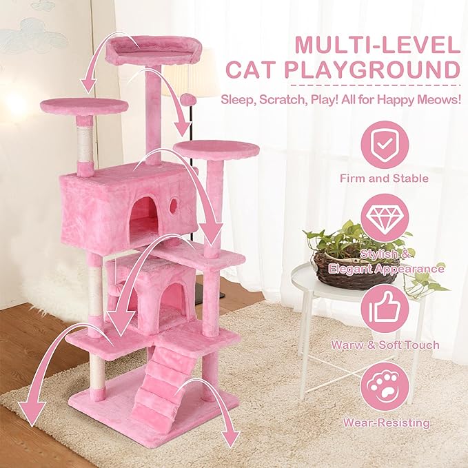 Heavy Duty Cat Tree Tower, 54" Tall Cat Tower for Indoor Cats with Cat Scratching Post with Bed, Cat Condo, Hanging Ball, Multi-Level Cat Climbing Tower Cat Trees Furniture Activity Center, Pink