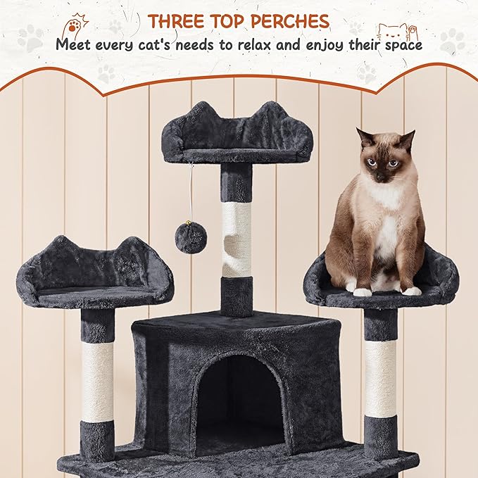 Yaheetech 76.5in Multi-Level Large Cat Tree, Big Cat Tower with 3 Condos, Cozy Plush Perches, 9 Sisal Scratching Posts and Ladder, Activity Center for Large Kitties, Black