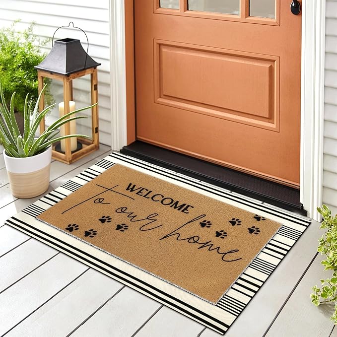 Tinideya 2 Pcs Pet Theme Door Mat Paw Welcome Non Slip Coir Mats Dog Cat Floor Layering Doormats Seasonal for Front Porch Entryway Decor(PET)