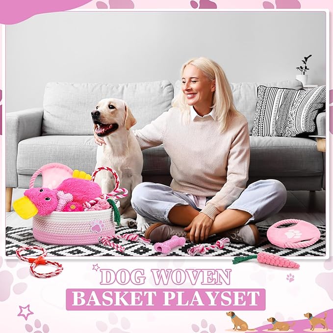 Zopeal Puppy Dog Toy Gift Storage Basket with Dog Toys Set Chew Toys Birthday Gift Basket Teething Interactive Squeaky Duck for Teething Small Medium Large Dogs(Pink)