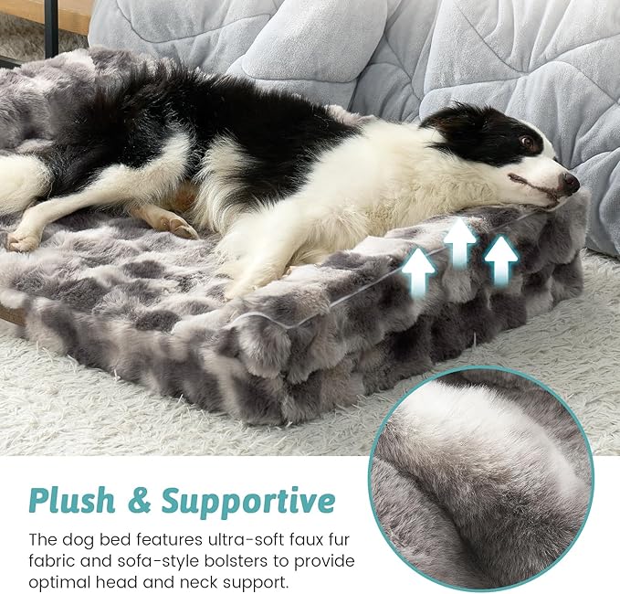 Faux Fur Orthopedic Dog Bed, Extra Large Dog Bed, Supportive Foam Pet Sofa with Waterproof Lining Cover, Washable U-Shaped Pet Couch with Anti-Slip Bottom Design, Tie-dye Grey XXL 48x32x8 inch
