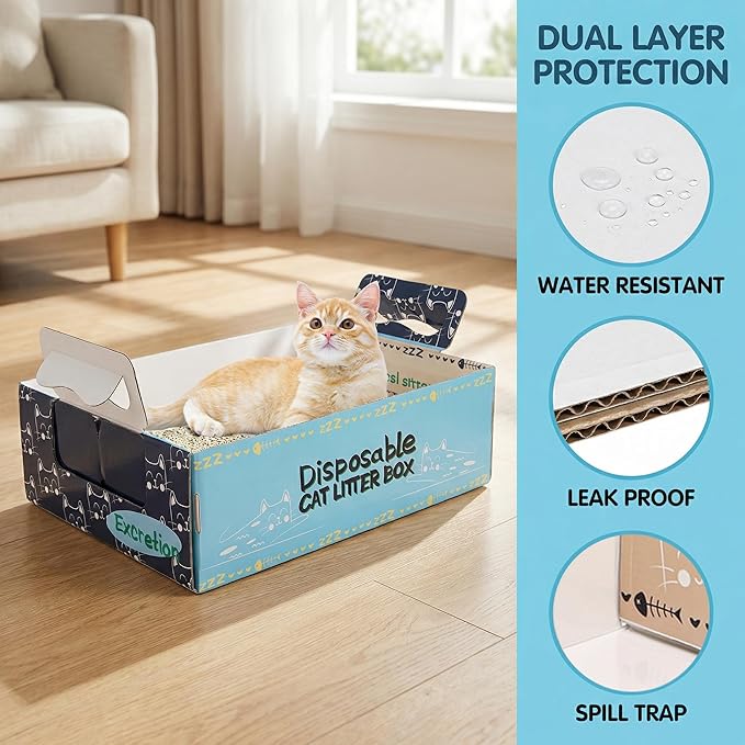 Hiceeden 8 Pcs Disposable Litter Box for Cats, 16.9" x 12.4" x 5.4" Travel Cat Litter Boxes with Disposable Scoops, Portable Cardboard Litter Box with Double Waterproof Coating, Blue