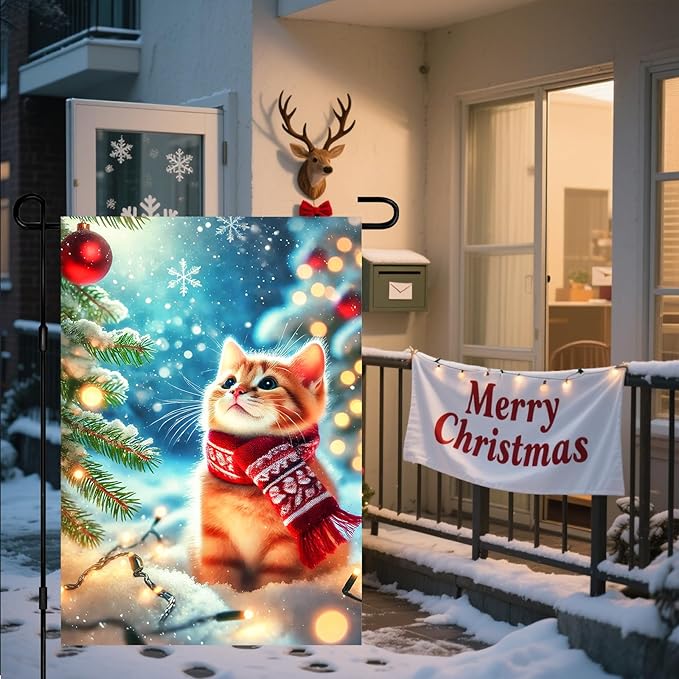 Christmas Garden Flag Winter Flag Cute Kitten Scarf Snow Scene Outdoor Yard Decor 12x18 Inch Double Sided Banner For Front Yard Porch Lawn Patio Seasonal Home Decoration Festive