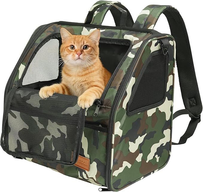 PETUX Cat Backpack Carrier for Small Cat ＆ Dog up to 12 lb - Camouflage Style, Escape-Proof, Widened Interior, 3 Side Breathable Soft Sided Dog Backpack Carrier for Travel, Hiking and Vet - Green