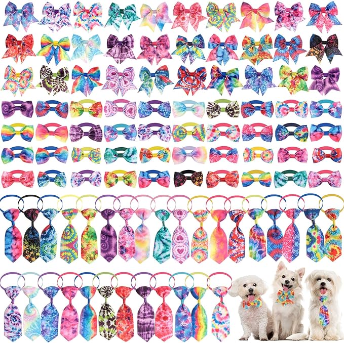 Reginary 100 Pieces Dog Bow Tie Collar Set Include 40 Dog Neckties, and 30 Puppy Bowties, 30 Collar Flowers, Adjustable Pet Ties Grooming for Small Medium Cats Pets Supply(Tie-dye)