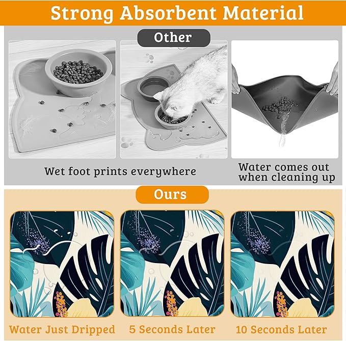 Tropical Palm Dog Food Mat,Exotic Leaves Floral Absorbent Pet Feeding Mat for Food and Water Bowl,Quick Dry Dog Placemat Non Slip Rubber Backing Waterproof Pet Supplies 16" x 24"