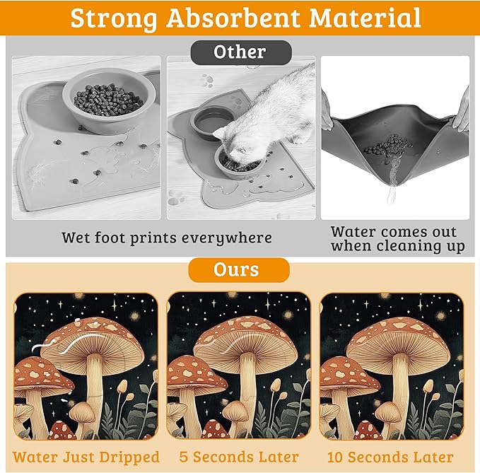 Fantasy Mushroom Dog Cat Food Mat,Butterfly Stars Absorbent Waterproof Placemat for Food and Water Non Slip Rubber Backing Durable Feeding Pad for Clean Floors 12" x 20"