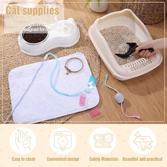 Eccliy Kitten Starter Kit, 10 Pcs Cat Starter Kit for Indoor Cats Kitten Essentials Includes Litter Box, Pet Toy, Folding Carrier, Climbing Frame, Mat, Collar, Automatic Food Bow (Cute,White)