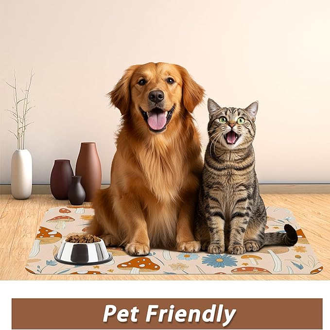 Cute Mushroom Flower Dog Cat Food Mat,Absorbent Pet Feeding Mat with Rubber Backing,Non-Slip Water Bowl Placemat,Indoor Pet Accessories Supplies 12"x20"