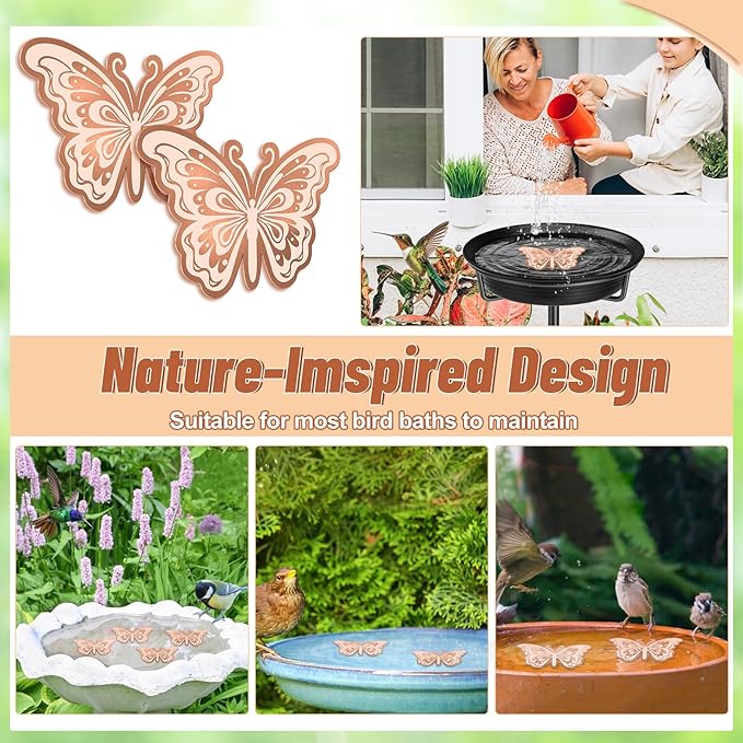 2Pcs Bird Bath Copper Disk, 0.6mm Reinforced 99.9% Pure Copper Cleaning Disk for Physical Clean Water, All-Season Use Cleaner for Outdoor Birdbaths Bowl Garden Fountain (Butterfly)