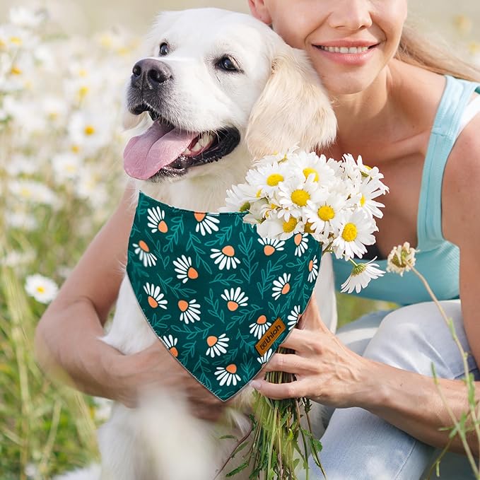 Spring Dog Bandanas with Snap Button, 2 Pack Floral Dog Scarf for Boy & Girl, Premium Durable Fabric, Adjustable Fit, Unique Shape, Gift for Dogs, Daisy Bandana for Small Dogs (Small)
