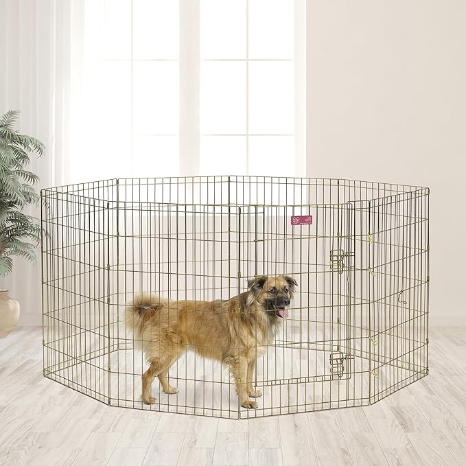 MidWest Homes for Pets Folding Metal Puppy / Dog Exercise Pen, Indoor/Outdoor Playpen with Door, 16 Sq Feet of Play Space, 36-Inches Tall, Gold Zinc