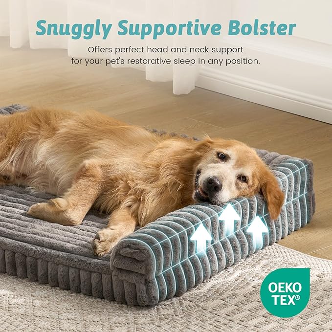 Cute Dog Bed for Large Dogs, Faux Rabbit Fur Orthopedic Foam Dog Bed with Sides, Removable Washable Cover & Waterproof Lining, Comfortable Pet Couch, Grey (44" L x 32" W x 7" Th)