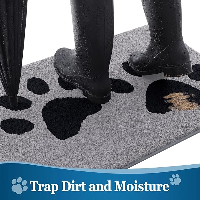 Buganda Dog Door Mat for Muddy Paws, Absorbent Dirt Trapper Washable Indoor Doormats, Non Slip Low-Profile Mud Mat for Dogs, Front Entrance Doormat for Inside Floor (40x32 Inches, Grey)
