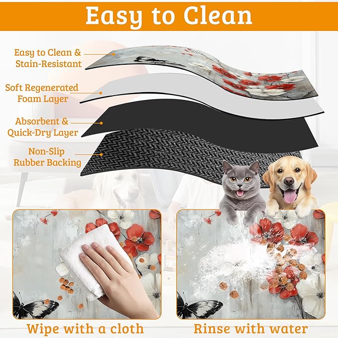ButterflyFlowers Dog Cat Food Mat,Red White Absorbent Waterproof Placemat for Food and Water Non Slip Rubber Backing Durable Feeding Pad for Clean Floors 12" x 20"