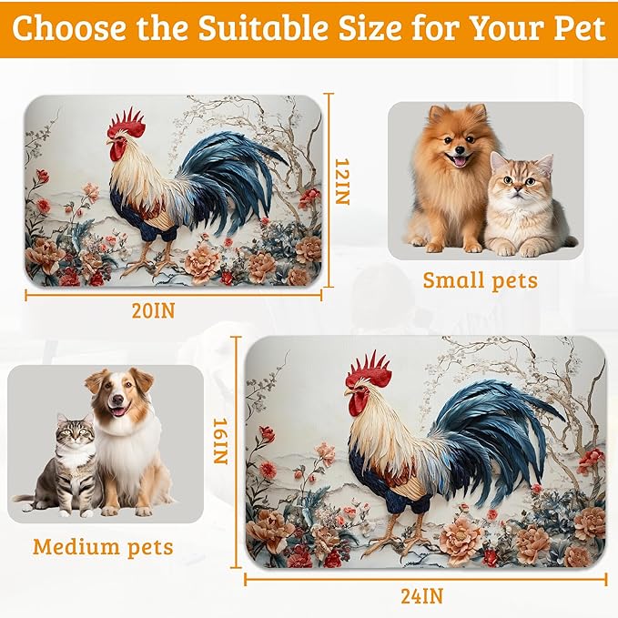Dog Bowl Mat,Chicken Painting Pet Feeding Mat for Floors Waterproof,Flowers Absorbent Dogs Placemat for Food and Water Quick Dry Pet Cat Feeding Mats with Non Slip Bottom 16" x 24"