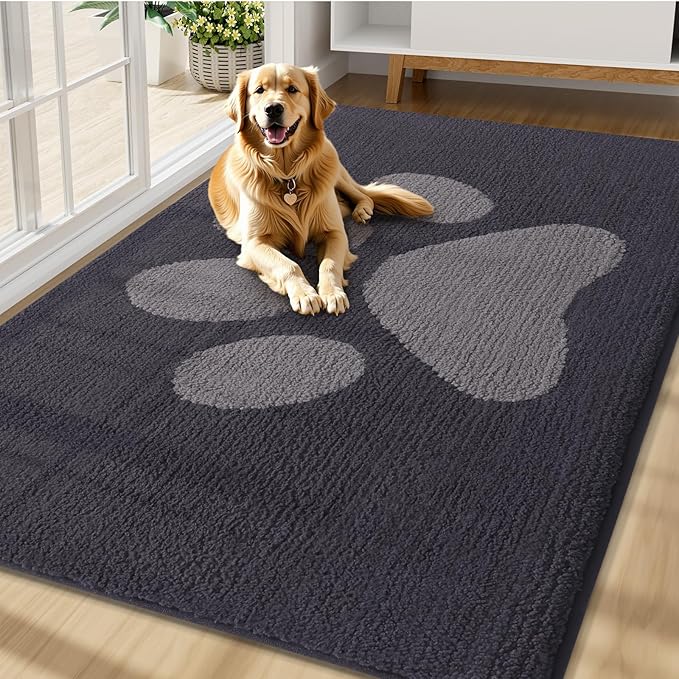 Buganda Dog Door Mat for Muddy Paws, Absorbent Dirt Trapper Non Slip Indoor Doormats, Washable Low-Profile Mat for Mud Dogs, Entryway Carpet for Inside Floor (70x47 Inches, Dark Grey)