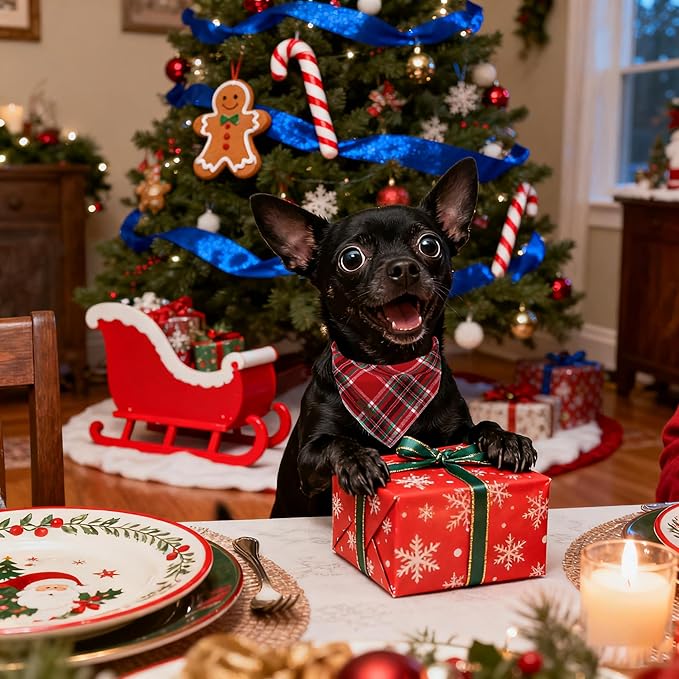 Lionet Paws Christmas Dog Bandana Washable Cotton Handkerchief Scarf Triangle Red Plaid Dog Bandanas for Medium Large Dogs Girl Boy