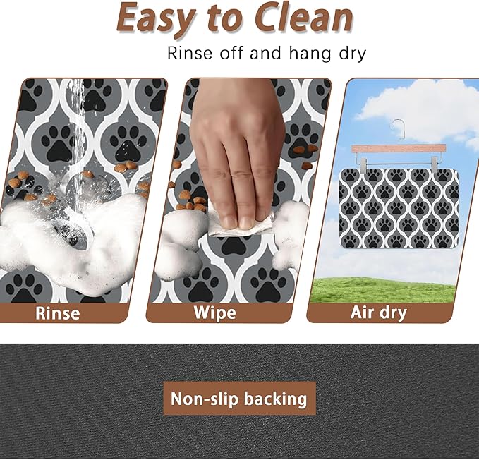 Gray Paw Print Geometric Dog Cat Food Mat,Absorbent Pet Feeding Mat for Food and Water,Non-Slip Dog Bowl Mats Floor Protector 16"x24"