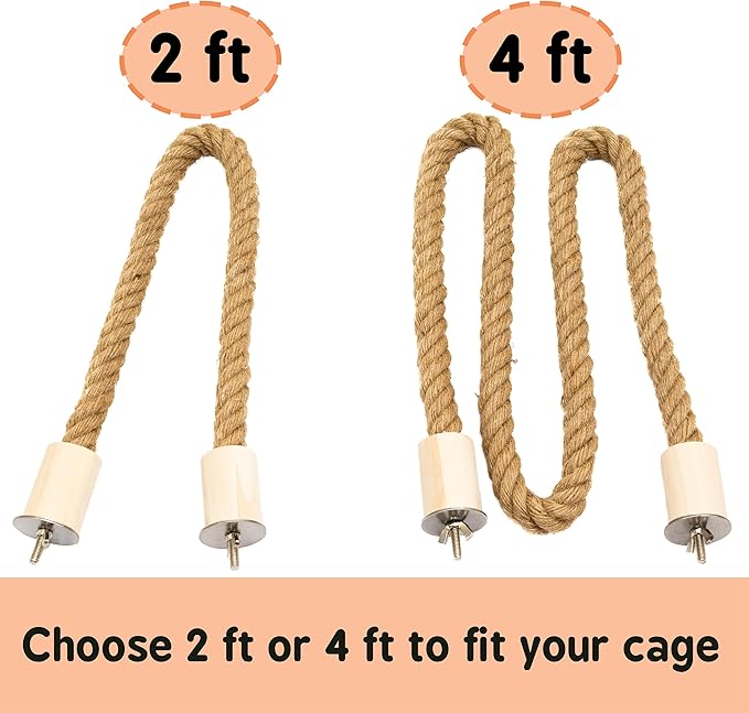 Bird Rope Perch for Parrots, Bendable Natural Jute Boing with Pine Wood and Stainless Steel Mount, Cotton Alternative, Cage Accessory for Parrots (Brown, 2 feet)