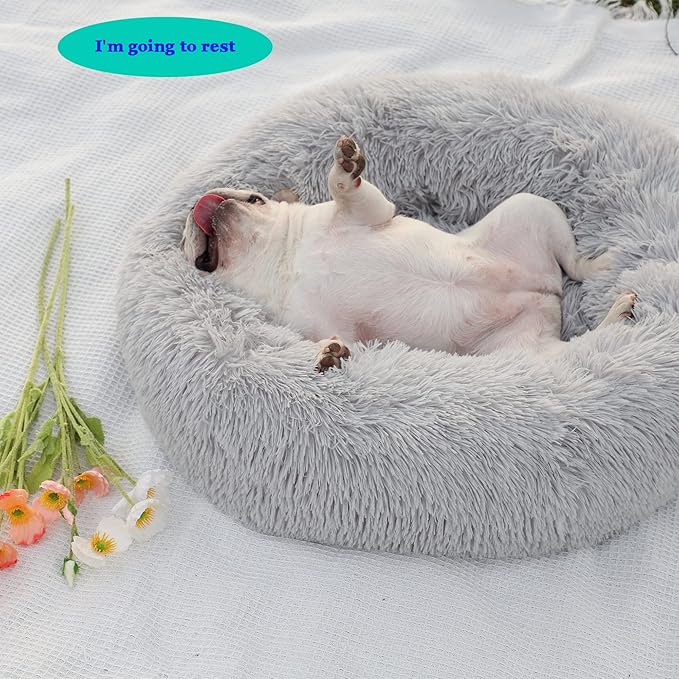 Calming Dog Bed for Medium Dogs Washable Donut 30 inches Anti-Slip Pet Bed,Round Fluffy Plush Faux Fur Cat Bed,Fits up to 45 lbs Pets,Frost Grey