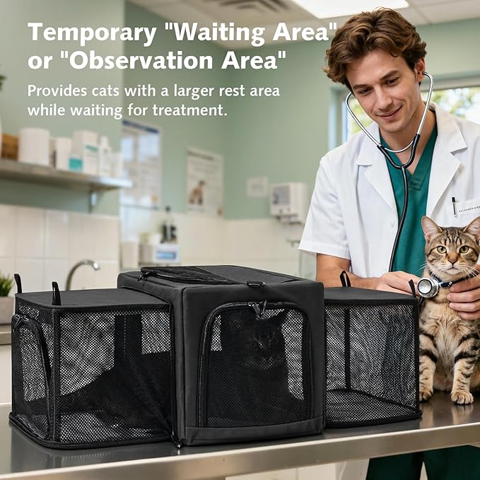 Pecute Cat Carrier Expandable, Stable Pet Carrier with 5mm Thick Steel Wire Frame, Dual-Side 200% Larger Space, Car Travel Carrier with Locking Zippers & Belt, Foldable for Storage, Dark Gray