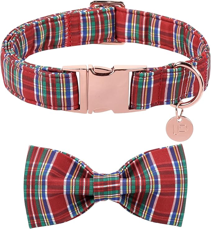 Christmas Plaid Dog Collar with Bow, Red and Blue Check Adjustable Pet Collar with Quick Release, Christmas Stripes Bowtie Collar for Small Medium Large Dogs XL