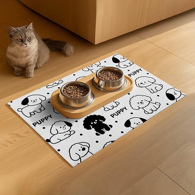 Puppy Pattern Pet Feeding Mat 24x16 Inch Cute Pet Feeding Area Mat Pet Food Mat Pet Mats for Food and Water Dog Mat for Food and Water Indoor Feeding Corner Kitchen Floor Decor