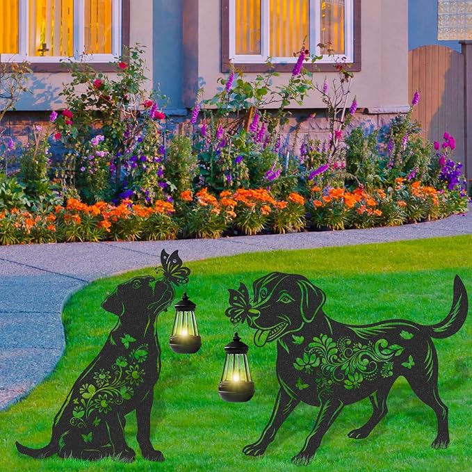 Solar Lights Garden Decor - 2 Pcs Metal Dog Statues Outdoor Decorative Yard Stakes with Lantern Waterproof Patio Lawn Pathway Ornaments Christmas Decorations Gifts for Women Animal Lover