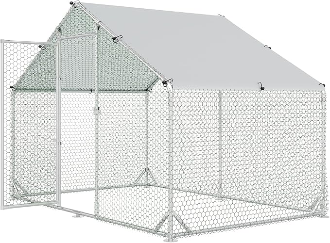 4ever2buy Large Metal Chicken Coop with Run Walk-in Poultry Cage Chicken Runs House Pen Cage Spire Roofed Chicken Coops with Anti-Ultraviolet Cover for Outdoor Backyard Farm Use 9.8’L x 6.6’W x 6.4’H