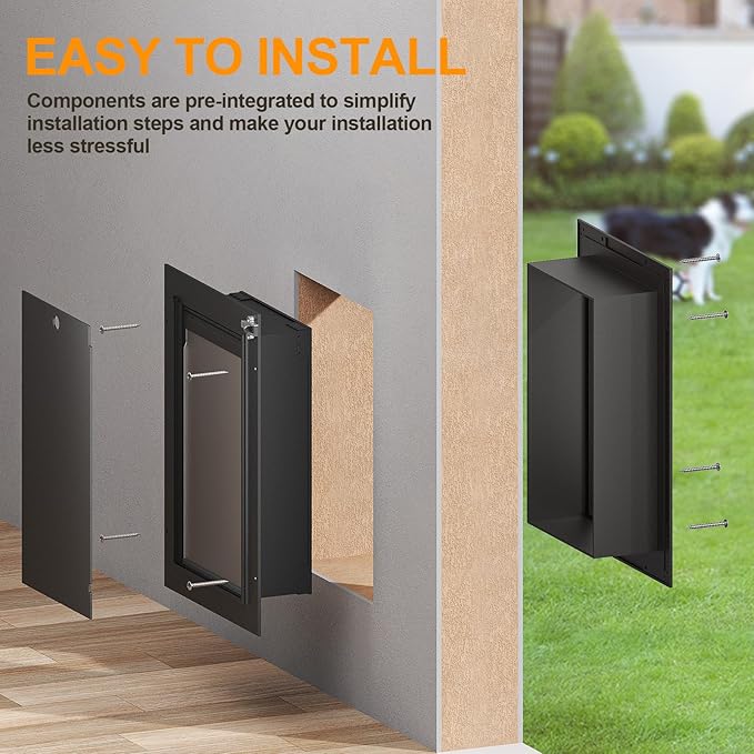 Doggy Door, All Aluminum Dog Door for Wall, Medium Doggie Pet Door, with Closing Panel, 2 Magnetic Flaps Energy Efficient, Wide Telescoping Tunnel for Interior & Exterior Walls, Pet Up to 45Lbs Black