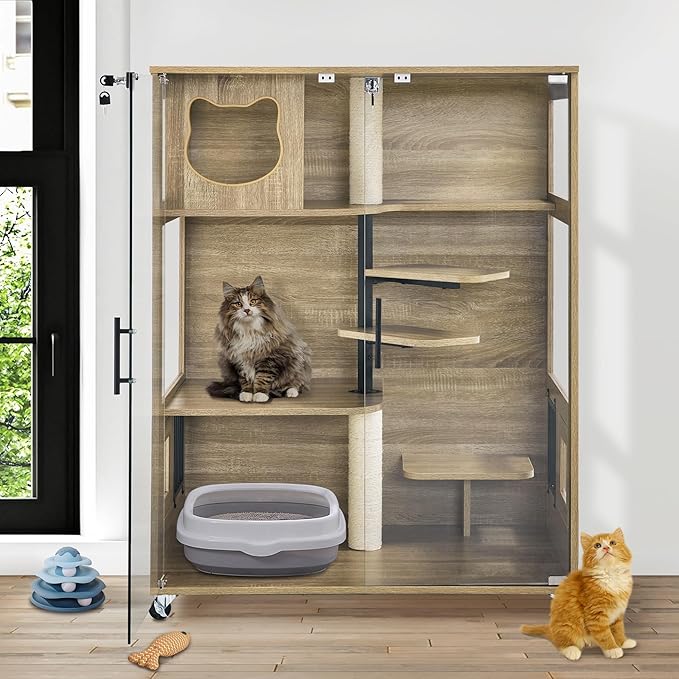 Lovupet Wooden Cat House with Scratching Posts, Luxury Large Cat Condo with Lockable Wheels, Indoor Kitten Cage with Escape Door, GC11