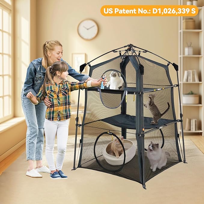 Automatic Pop-Up Cat Enclosure|3-Tier Cat Tent|Cat Cage|Outdoor Catio with Patent,Breathable Portable & Foldable, Stable Structure for Indoor/Outdoor, Free Teaser Wand,Friendly Connectable playpen