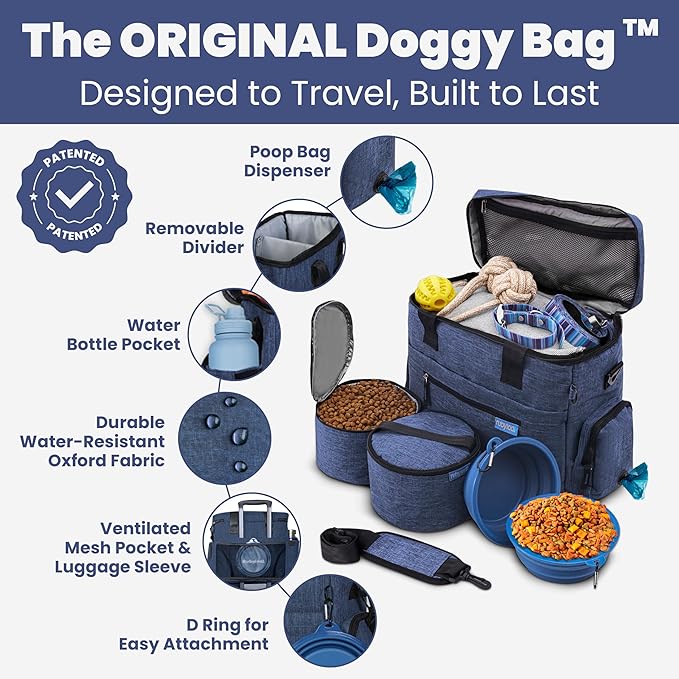The Original Doggy Bag™ - Complete Dog Travel Bag for Supplies with 2 BPA-Free Travel Dog Bowls & 2 Pet Food Containers - Traveling Kit for Road Trips, Camping, Weekend Away or Doggy Gift: Navy