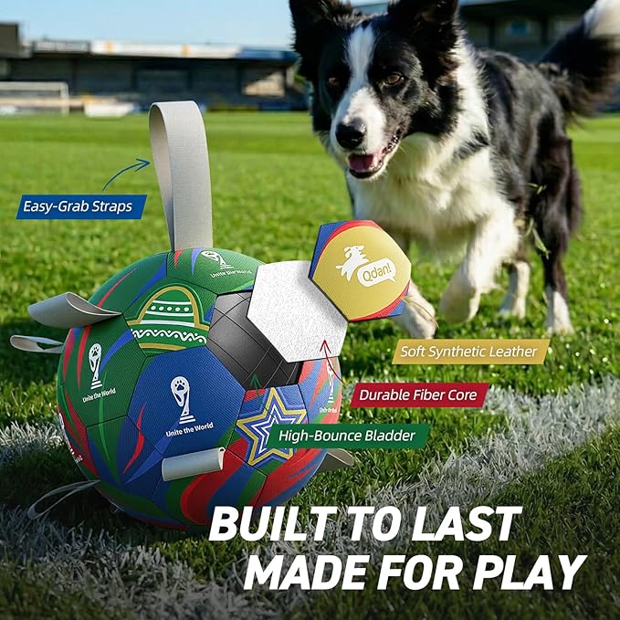 QDAN Dog Soccer Ball with Straps, 7 Inch World Cup Soccer Ball for Dogs, Water Toy, Dog Ball Toys for Medium Large