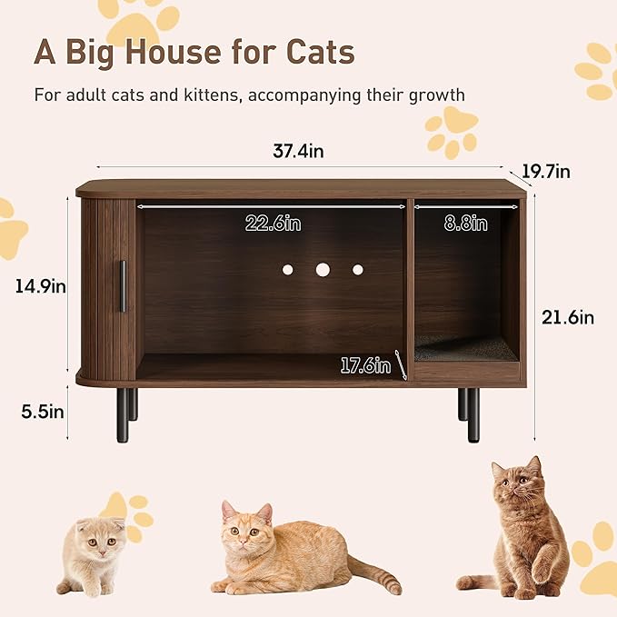 Cat Litter Box Enclosure with Cat Scratch Pad, Sliding Door, 37.4" Litter Box Enclosure Furniture Hidden Litter Box, Modern Indoor Cat House, TV Stand, Side End Table for Living Room, Walnut