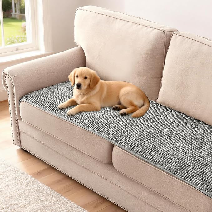 H.VERSAILTEX Plush Chenille Couch Cover for 3 Cushion Couch Anti Slip Washable Sofa Slipcovers Soft and Durable Furniture Protector for Dogs Cats Kids (27.5" x 59", Dove)