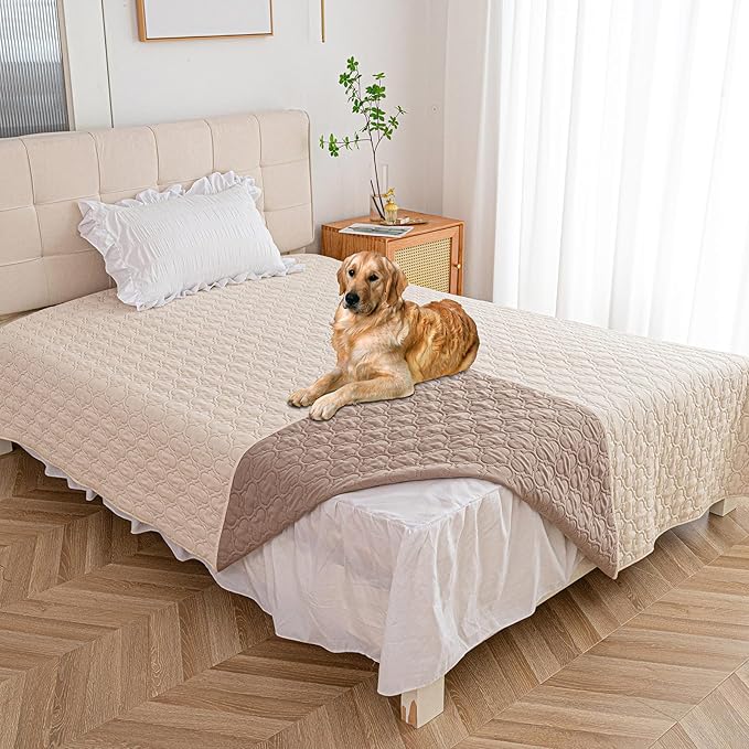 Waterproof Blanket for Bed, Reversible Dog Couch Cover Pet Sofa Furniture Protector Machine Washable King Size(82x102 Inch, Cream+Khaki)