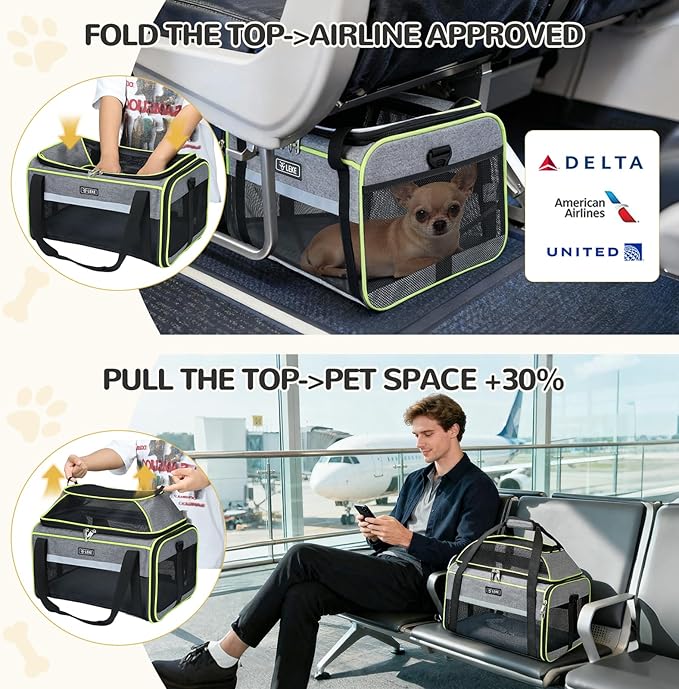Lekereise Top-Expandable Pet Carrier 18x11x11Inch Delta American United Airline Approved Soft Sided Underseat to 15lbs Travel Carriers for Small Dogs Cats with Locking Safety Zippers Anti-Scratch Mesh