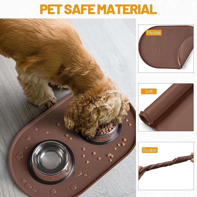 Hubulk 100% Waterproof Silicone Pet Feeding Mat with Raised Edge for Food and Water, Dog Bowl Mats, Cat Bowls Placemat with High Lip Protects Floor for Cats and Dogs (Brown, 16" L x 10" W)