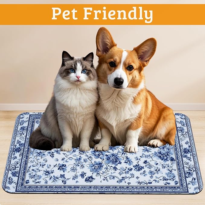 Blue Flower Dog Food Mat,Absorbent Pet Feeding Mat for Food and Water Bowl,Quick Dry Dog Placemat Non Slip Rubber Backing Waterproof Pet Supplies 16" x 24"