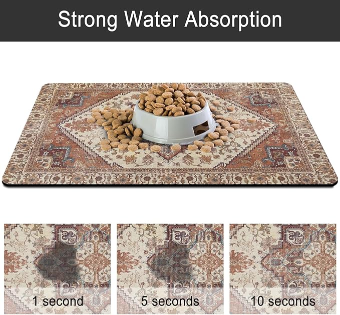 2 Pack Dog Food Mats for Floors, Absorbent and Quick-Drying Pet Cat Food Mat,Anti-Fouling and Easy-to-Clean Pet Feeding Mat,Dog Bowl Mat for Messy Drinking Water Bowls.12 x20+18"x24", Bohemia Style