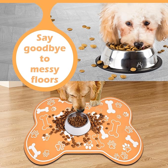 Dog Cat Mat for Food and Water,Rapid Absorbent Pet Feeding Mat, Bone Shaped Dog Placemat Bowl Mat with Rubber Backing,No Stains Pet Food Mats Indoor, Pet Accessories Supplies,Orange 23"×36"