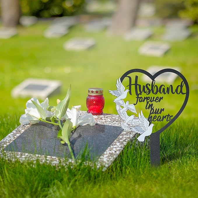 BUoonyer Stake Graves Cemetery Decorations - Husband Metal Memorial Grave Markers, Men Heart Graveyard Sympathy Plaque, Dove Remembrance Graveside Burial Decor Sign for Outside Yard Garden