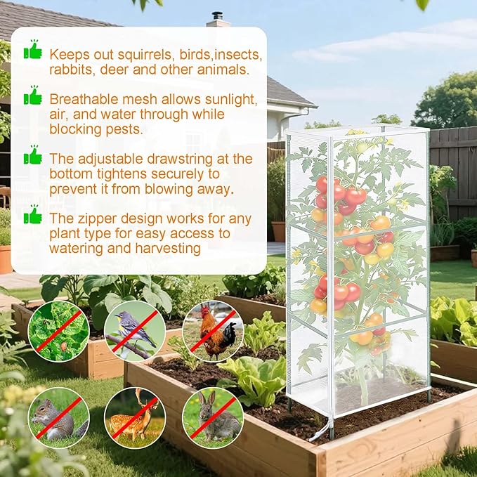 3 Pack Garden Netting Cover for Square Tomato Cage, 48"x14"Bird Netting Barrier with Zipper Drawstring Tomato Trellis Net Mesh Climbing Plant Cover for Protecting Vegetable Fruits from Animals Insect