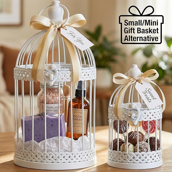 Vela Lanterns Bird Cage Decor Candle Holder Lantern Decorative Wedding Table Centerpiece Decorations, 10" and 6" Tall, White, Set of 2