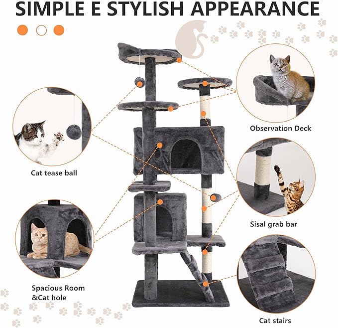Cat Tree for Indoor Cats, Multi-Level Cat Tower with Scratching Posts & Cozy Condo, Space Saving Cat Activity Center, Durable Pet Play House (54in,Light Gray)