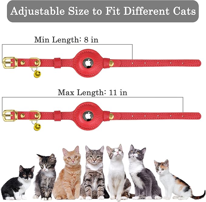 OOPSDOGGY Leather AirTag Cat Collar with Bell - Non Breakaway Kitten Collar with Apple Air Tag Holder - Lightweight GPS Pet Collars for Girl Boy Cats, Small Dogs, Puppies (Red)