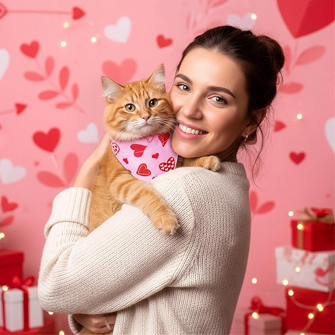 Sanwuta 10 Pcs Mother's Day Cat Collar Bandanas, Breakaway Adjustable Kitty Triangle Scarf with Red Pink & Black Heart Prints, Cute Cat Costume for Mom Gift, Photos & Spring Party