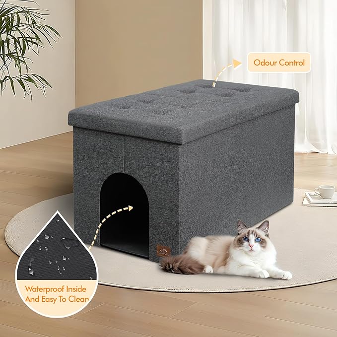Cat Litter Box Enclosure Furniture for Odor Control, Hidden Cabinet Cats Litter Ottoman with Flip-Up Lid,Cat Litter Box Bench with Storage Space, Dog Proof(Grey, Large)